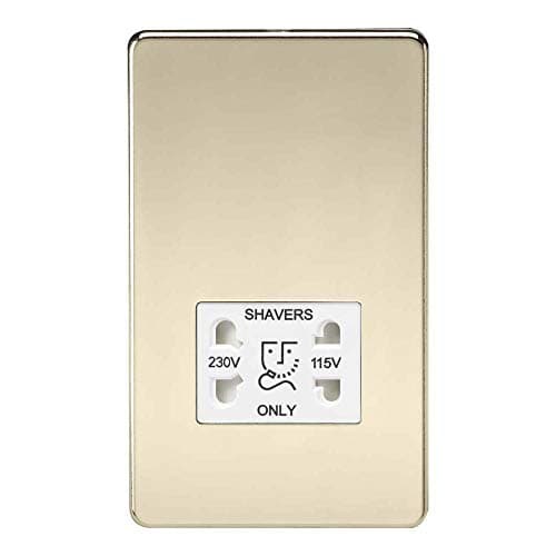 Image of Knightsbridge Screwless Dual Voltage Shaver Socket in Polished Brass with White Insert