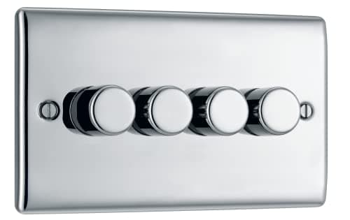 Image of BG Electrical Intelligent Quadruple Wall Dimmer Switch, 2 Way, Raised Profile, Round Edges, Nexus Metal, Polished Chrome 200W, NPC84