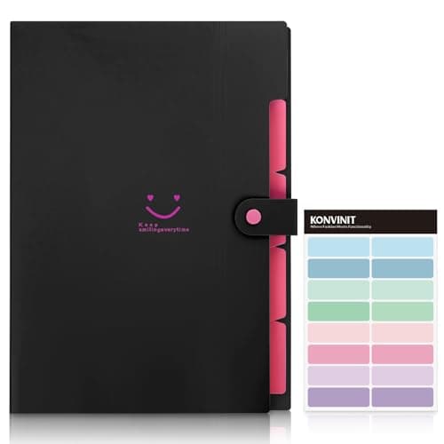 Image of KONVINIT Expanding File Folder A4 File Folder 5 Pockets File Organiser High Capacity with Buckle Closure for Office School Home,Black Cover