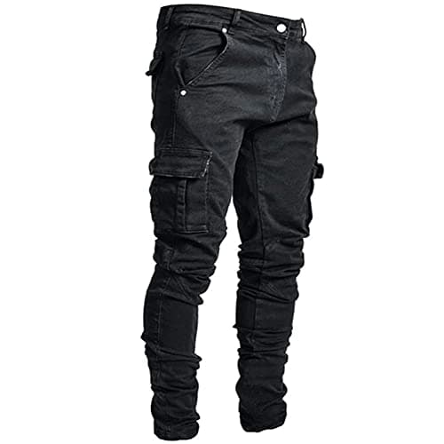 Image of Zeiayuas Cargo Trousers for Men - Stretch Fit Combat Jeans, Skinny Denim, Casual Smart Joggers, Multi Pockets, Blue Work Pants, Black Jegging, Boy Biker, Frayed Jeans