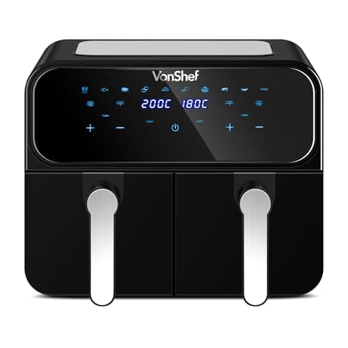 Image of VonShef Dual Air Fryer 9L - Family Size Double Airfryer, XL Capacity, 10-in-1, 2 Drawers & Silicone Liners, LED Display, Sync Cook & Smart Finish, 60-Min Timer, Dishwasher-Safe, Healthy Cooking, 2600W