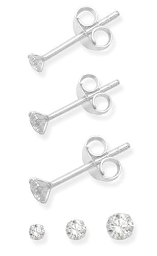 Image of Set of 3 Single Sterling Silver Cubic Zirconia Earrings (NOT Pairs - Singles) - Total 3 Round Stud Earrings - Sizes: 1 Single Each of 2mm, 3mm & 4mm. Gift Boxed 5768SET/SINGLES
