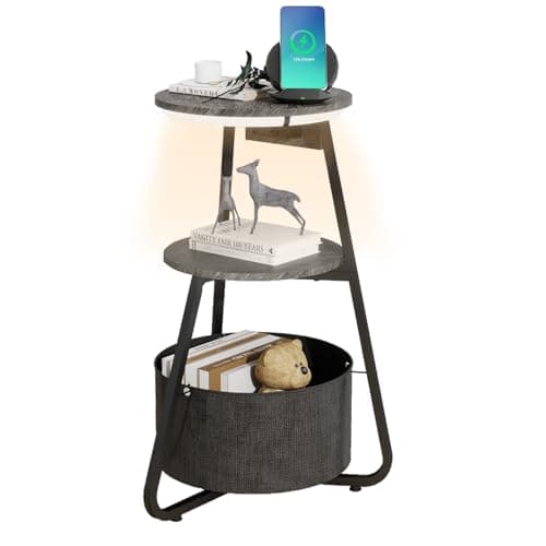 Image of ARTETHYS Side Table with Charging Station, Small Round Coffee Table with 3 Colour LED Lights and Storage Basket, End Table with 3 Tier Shelves, Bedside Sofa Side Tables for Living Room Bedroom, Grey