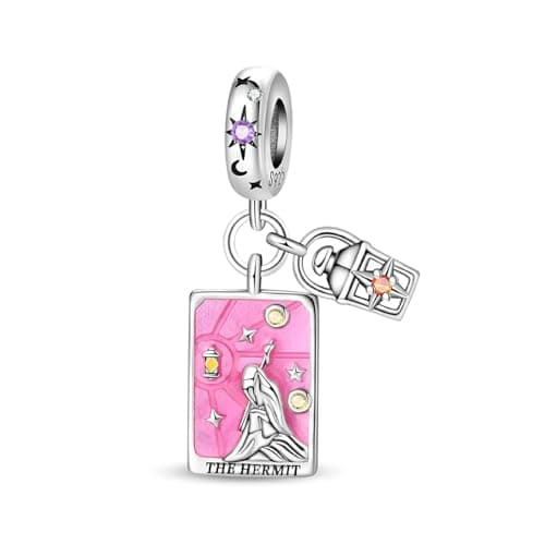 Image of SBUTUXC Sterling Silver Tarot Card Charms Collection, Enamel Dangle Pendants with Crystals, Major Arcana Design for Bracelets, Necklaces, 925 Silver(The Hermit Tarot Pendant)