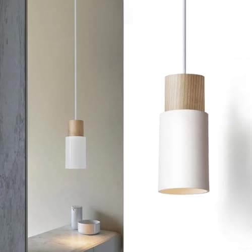 Image of ouglres White and Wood Pendant Light,Kitchen Light Fitting with Durable Metal Lampshade,Adjustable Breakfast Bar Lights,Modern Island Lights for Dining Table,Living Room,Bedroom Nightstand,E27,1pack