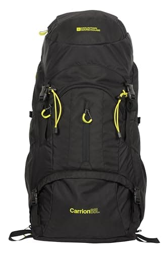 Image of Mountain Warehouse Carrion 65L Rucksack - Padded Airmesh Back Daypack Bagback with Ladder Lock, Rain Cover & Lots Of Pockets - All Season Camping, Hiking & Outdoors Black One Size