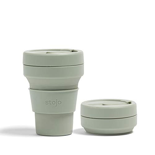Image of STOJO On-The-Go Collapsible Coffee Cup - 12oz / 355ml - Reusable & Foldable Silicone Travel Mug with Lid - Portable, Pocket Size - Dishwasher Safe - Sage