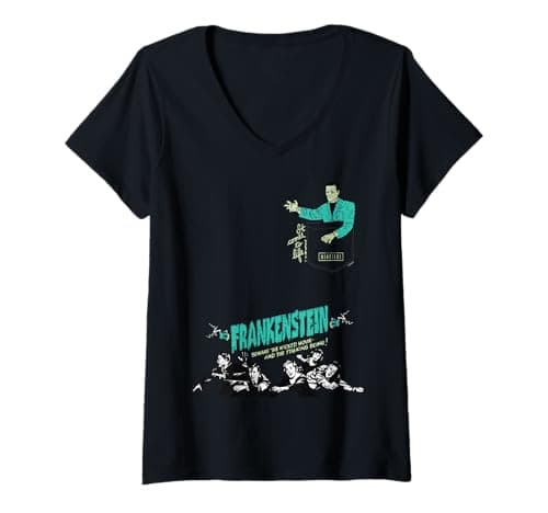 Image of Womens Universal Monsters Frankenstein Vintage Poster Pocket V-Neck T-Shirt