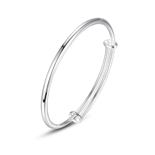 Image of GAUEIOUR Sterling Silver Bangle Bracelets for Women,Fashion Versatile Simple Adjustable Silver Plated Smooth Face Bracelet,Smooth Face Round Belly Push Pull Silver Bracelet