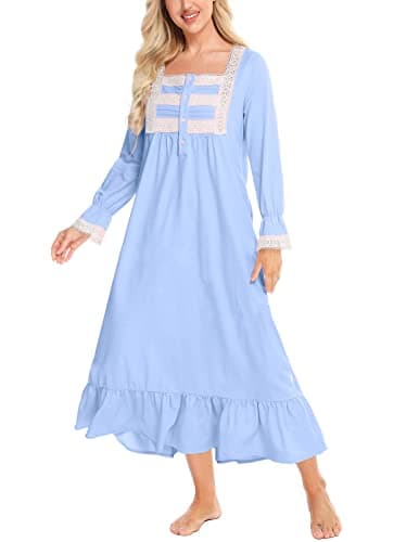Image of Rubehoow Women's Soft Cotton Night Shirt Vintage Button Down House Dress Long Victorian Style Ladies Sleep Gown Light Blue, XXL