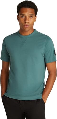 Image of Calvin Klein Men’s Short Sleeve Regular T-Shirt with Logo Badge, Turquoise (North Atlantic), XS