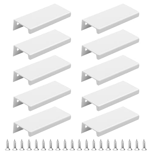 Image of FL HUA 10 Pcs Concealed Drawer Handles with Screws, Aluminium Alloy Cupboard Handles White Matt, Back Mount Finger Edge Pull for Wardrobe Kitchen Cabinet Drawer