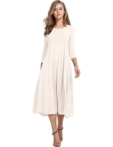 Image of HOTOUCH Dress for Women Midi Summer Dresses A Line Swing Dress 3/4 Sleeve Casual Tunic Ladies Dresses with Pockets White S