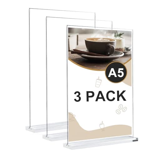 Image of Samamoca A5 Acrylic Sign Holder,3Pack Double Side Display ,Acrylic Poster Menu Holder,A5 Clear Poster Holder Perspex Display Stand,Great for Restaurant, Hotel, Documents, Office, Shop (T-Shape)