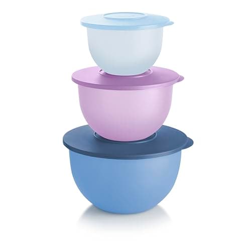 Image of Tupperware Impressions Classic 3 Piece Food Storage Bowl Set in Blue and Purple, Dishwasher Safe and BPA Free (3 Containers, 3 Lids)