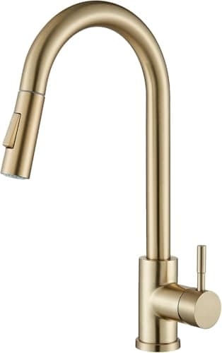 Image of Suguword Brushed Gold Kitchen Tap, Pull Down Sprayer Tap with High Arc Spout, Single Handle Stainless Steel Mixer Tap, Dual Function Spray Head