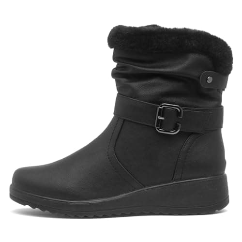 Image of Softlites Womens Black Buckle Faux Fur Wedge Boot - Size 6 UK - Black