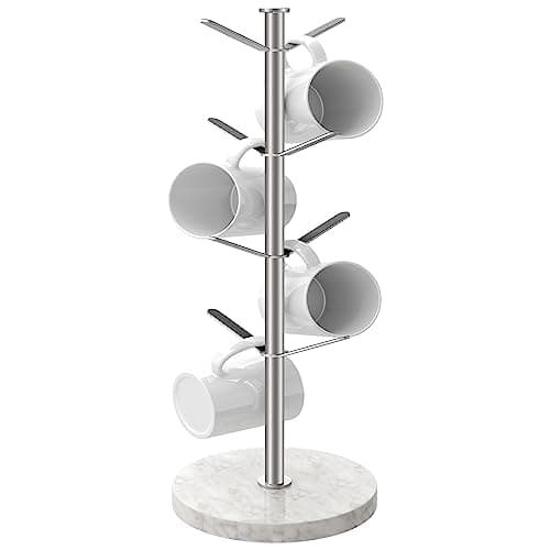 Image of Gypie Marble Mug Tree Stand, 8 Hooks Coffee Cup Holder Storage Rack, Weighted Marble Base Stable Mug Holders for Kitchen Counter Cabinet Cafe (Silver)