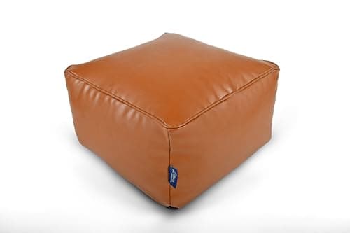 Image of Littens Tan Brown Soft Faux Leather Square Footstool Ottoman Pouffe Bean Bag, Living Room Decorative Low Seat (45cm x 45cm x 25cm)