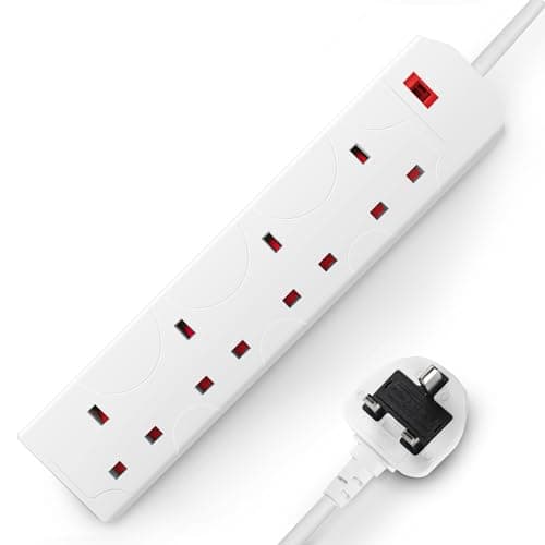 Image of DESIRETECH White Electric Extension Lead - 4 Gang, 1 Metre Cable with UK Plug & 3 Pin Socket - Wall Mountable & Multi Socket Mains Strip for Home, Bedroom, Kitchen, & Office (1 Pack)