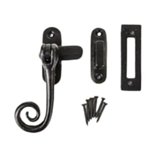 Image of Black Antique Monkey Tail Window Fastener Curly End Casement Fastener Vintage Monkey Tail Window Catch Traditional Cast Iron Window Latches for Wooden Windows Kit Pack.