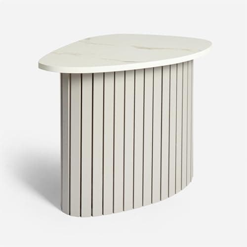 Image of OHS Wooden Coffee Table, White Marble Top Side Table Living Room Grey Madison Ribbed Wood Frame Decorative Sofa Side Tables Bedside Tables for Bedroom Office Small Spaces