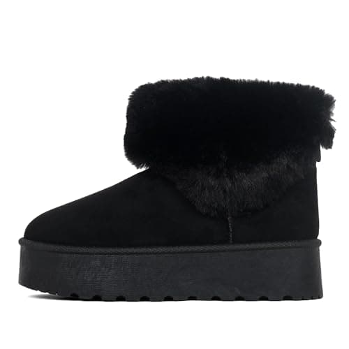 Image of Women Platform Snow Boots – Faux Fur Lined Suede Ankle Boots, Warm Winter Ladies Booties, Fashion Outdoor & Indoor Slip-On Shoes (BLACK, Adult, Women, 9, Numeric, UK Footwear Size System, Medium)