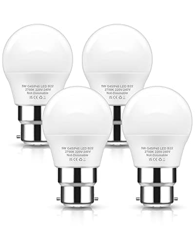 Image of EvaStary Bayonet Light Bulbs, 5W B22 LED Bulb Bayonet 40W Equivalent, Warm White 2700K, LED Golf Ball Bulb Light Bulbs, Energy Saving G45 P45 Mini Globe LED Light Bulb, Non-Dimmable, 4 Packs