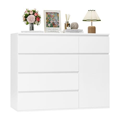 Image of FOREHILL Bedroom Chest of Drawers White Chest of Drawers with 5 Drawers 1 Door Large Storage Cabinet Dresser Wide Sideboard for Living Room Hallway 100x40x80cm