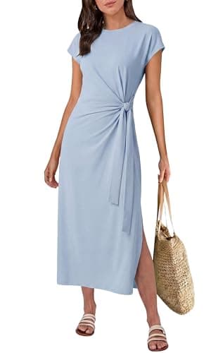 Image of GRECERELLE Women's Summer Midi Dress with Tie Waist Casual Short Sleeve A-Line Flowy Dresses for Women UK (Denim Blue, L)