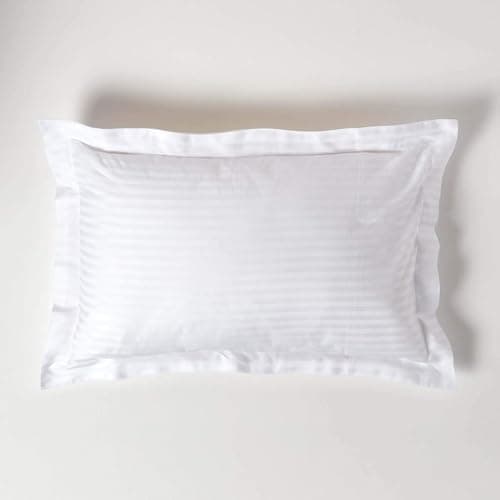 Image of HOMESCAPES White Pure Egyptian Cotton Oxford Pillowcase Standard Size 330 TC 500 Thread Count Percale Equivalent Satin Stripe Pillow Case Pack of 2