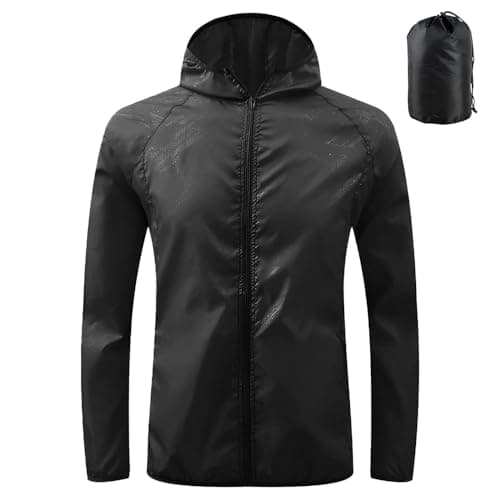 Image of LXEASYGO Men's Lightweight Waterproof Jacket Packable Hooded Rain Jacket Outdoor Sun Protection Windproof Raincoat for Cycling, Running, Hiking (UK, Alpha, M, Regular, Regular, Black-1)