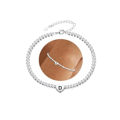 Image of DORANA Sterling Silver Bracelet For Women Silver Initial Heart Bracelet Non Tarnish 925 Beaded Bracelets For Women Girls Hypoallergenic Friendship Daughter Bracelets,D