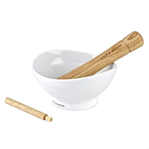 Image of Cole & Mason H111929 Suribachi Pestle & Mortar | Spice Grinder/Herb Grinder | White Glazed Porcelain/Hevea | Ceramic Pestle and Mortar Set | Includes Wooden Brush | 2 Year Guarantee