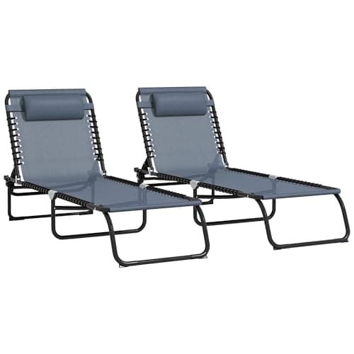 Image of Outsunny 2 Piece Foldable Sun Loungers, Outdoor 4 Level Adjustable Backrest Reclining Chaise Chairs, Steel Frame Recliner Chair for Camping, Hiking, Grey