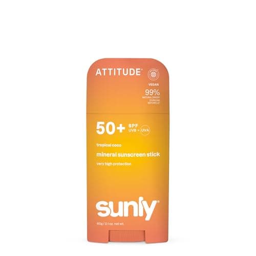 Image of ATTITUDE Mineral Sunscreen Stick SPF 50, Broad Spectrum Zinc Oxide, EWG Verified, Non-Nano, Mess-Free Stick for Face & Body, Lightweight Non-Greasy, Vegan, Tropical Coco Scent, 60 grams