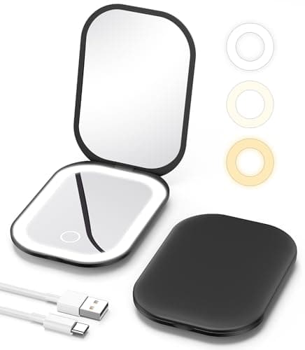 Image of Gospire Lighted Compact Mirror with Light and Magnification 1X/3X, Stepless Dimming and Three-Color Adjustable Lights, Rechargeable Battery and Compact Size for Purse and Travel - Black