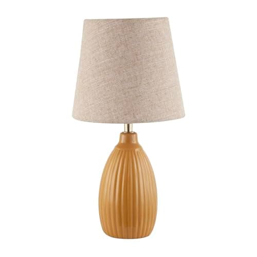 Image of Happy Homewares Mustard Ceramic Etched Lined Table Lamp with Natural Oatmeal Linen Fabric Shade | 25cm Height | Inline Switch Button