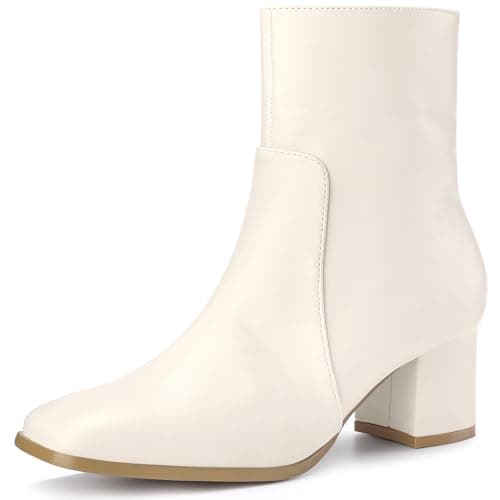 Image of Perphy Square Toe Side Zip Chunky Heel Ankle Boots for Women Cream 6 UK/Label Size 8 US