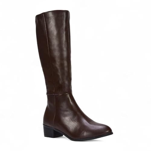Image of ESSEX GLAM Women's Knee High Boots Ladies Classic Block Low Heel Zip Western Brown Synthetic Leather Calf Riding Booties Size 5