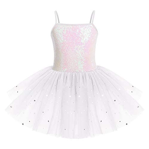 Image of IWEMEK Kids Girls Sequins Leotard Tutu Ballet Dress Sleeveless Spaghetti Strap Skating Gymnastics Children Dancewear Fairy Swan Dance Dresses Performance Ballroom Dancer Costume White 7-8 Years