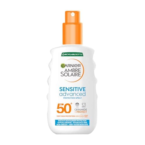 Image of Garnier Ambre Solaire Sun Cream Spray SPF50+ Sensitive Advanced Sunscreen, Factor 50, Water Resistant, Non-Greasy, Fragrance-Free, Hypoallergenic, UVA UVB Protect with Ceramide, 150ml