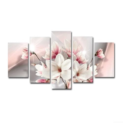 Image of 5 Piece Modern Floral Canvas Wall Art Set Abstract Pink Flower Painting For Living Room Bedroom Decor Multi Panel Gallery Wall Hanging Prints On Canvas Material(size3)
