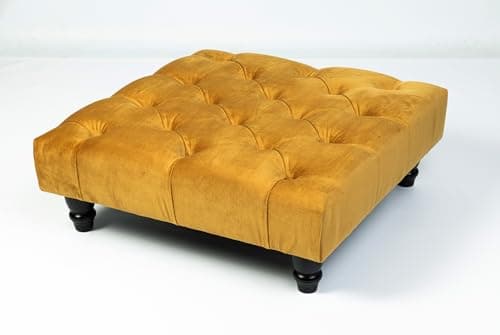 Image of YORKSHIRE HOMEWARE Wooden Chesterfield Footstool Footrest Pouffe Plush Velvet Foot Stool Upholstered Deep Button Design Padded Ottoman with Wooden Legs (Mustard Plush, 60cm(L) x 60cm(W) x 15cm(H))