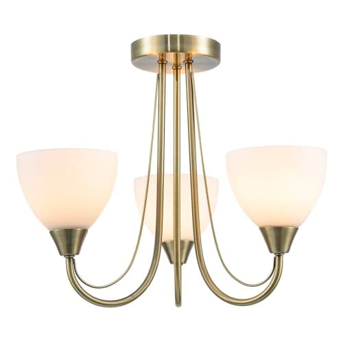 Image of Happy Homewares Designer Antique Brass Three Arm Ceiling Light Fitting with Opal White Glass Shades | 38cm x 35cm | 3 x 7w E14 | Double Metal Arms