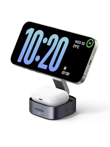Image of UGREEN MagFlow for MagSafe Charger Qi certified, 2-in-1 Wireless Charger Stand, Magnetic Charging Station, Compatible with iPhone Air/17/16/15/15 Plus/15 Pro/15 Pro Max/14/13/12, AirPods 4/3/2/Pro 3/2
