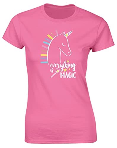Image of Hippowarehouse Everything is Magic Unicorn Womens Fitted Short Sleeve t-Shirt (Specific Size Guide in Description) Pink