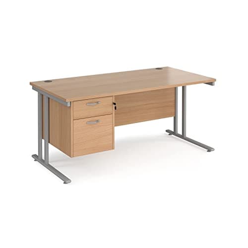 Image of Maestro 25 Straight Desk 1600mm x 800mm with 2 Drawer Pedestal - Black Cantilever Leg Frame, White Top