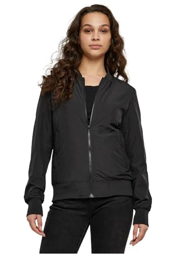 Image of URBAN CLASSICS Women's Light Bomber Jacket with Ribbed Cuffs, Lightweight Flight Jacket for Mid-Season Weather, Longsleeve Jacket with Zipper & Pockets, Colour: Black, Size: Large