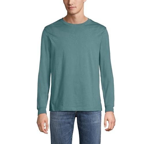 Image of Lands' End - Men’s Super-T Green Long Sleeve T-Shirt - Size L - Traditional Fit Ringspun Cotton Jersey with Easy-Care Finish - Reinforced Seams and Ribbed Cuffs - Men's Clothing